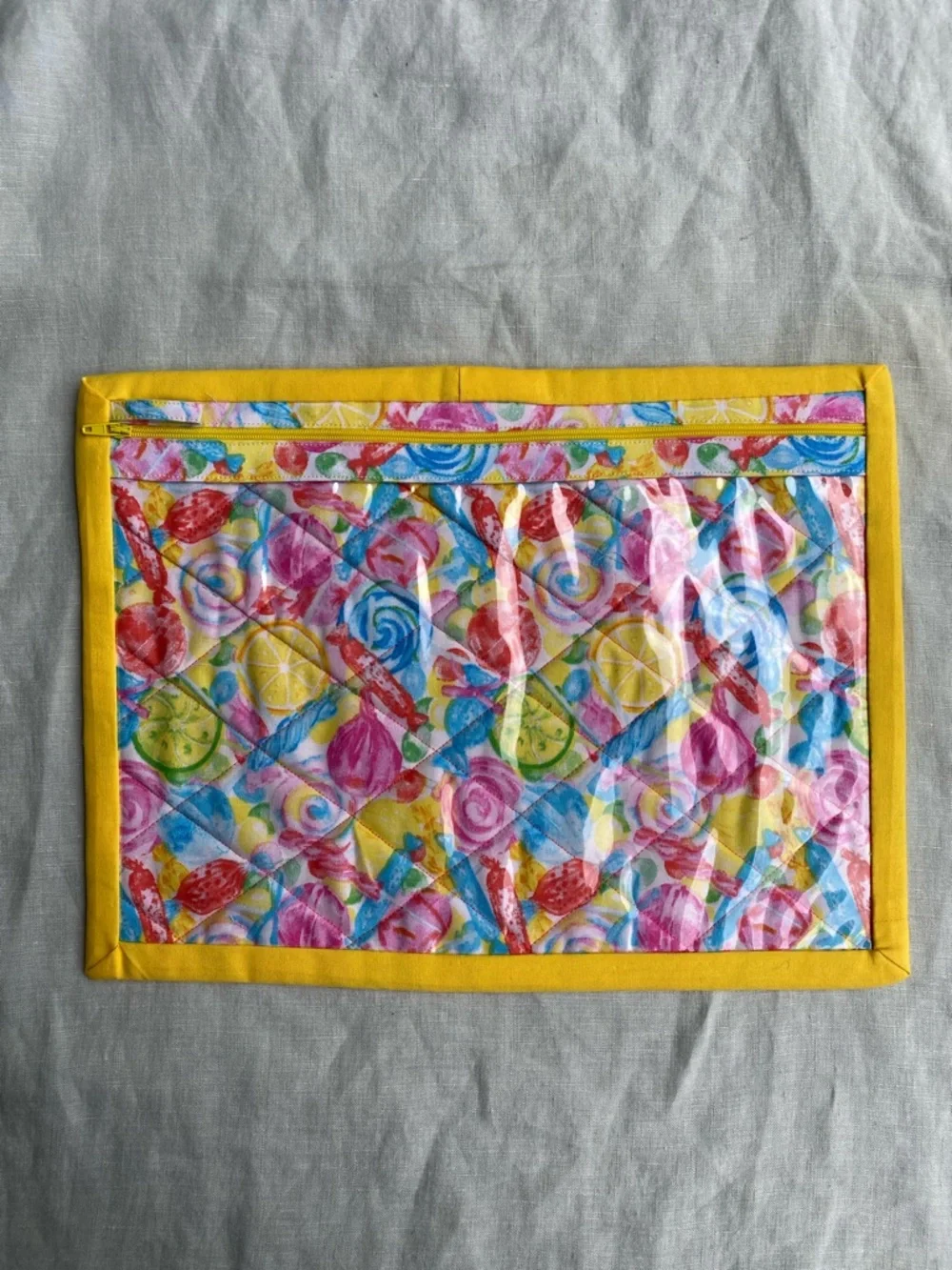 14” x 10.5” colorful candies cross stitch vinyl front hand made project bag